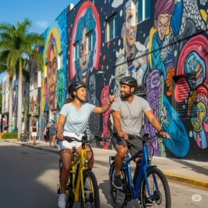 A couple enjoying a leisurely ride on electric bicycles through the colorful Wynwood Art District in Miami, demonstrating the fun and convenience of e-bike tours.