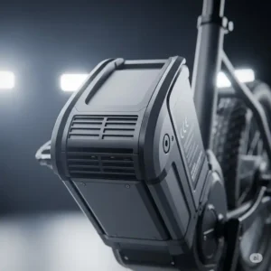 Close-up of a powerful electric bike battery pack, emphasizing its compact design and integration.