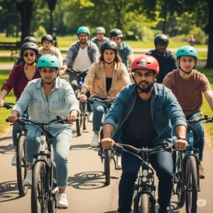 "Group of diverse ebike riders in a Toronto park, all wearing different types of protective ebikes helmet toronto for electric bicycles."