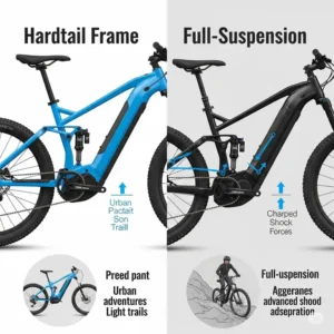 A side-by-side comparison of a hardtail ebike frame and a full-suspension ebike frame, illustrating their structural differences and intended riding styles.