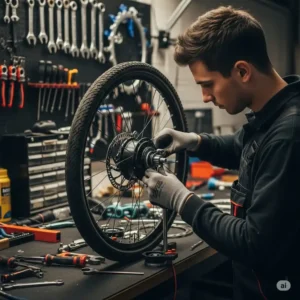 Detailed view of a technician installing a powerful hub motor, a key component of an electric conversion kit, onto a bicycle wheel.