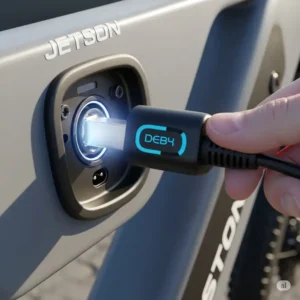 "Detailed view of a Jetson ebike's charging port, emphasizing the connection point for a new charger."