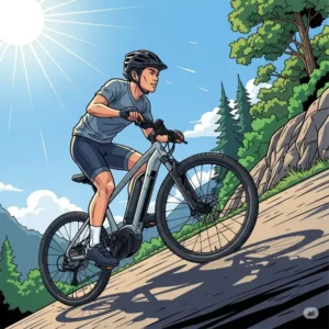 A rider effortlessly ascending a steep incline on a middrive ebike, showcasing the motor's efficient power transfer for challenging terrain.