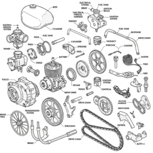 Exploded view diagram showcasing all individual parts included in a typical motorised bicycle kit, from fuel tank to drive chain.