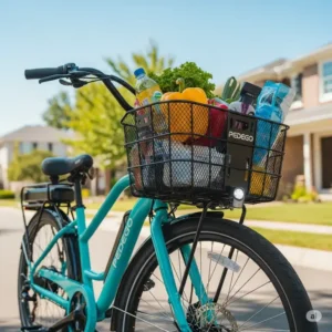 A Pedego electric bike equipped with a spacious front basket, demonstrating its versatility for carrying groceries or personal items.