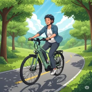 An illustration of a person enjoying a smooth ride on a Radmission bike along a scenic paved trail, demonstrating its comfortable geometry.