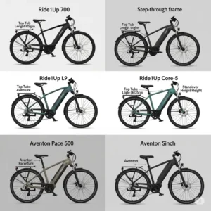 Side-by-side illustration of various Ride1Up vs Aventon ebike frame styles, including step-over and step-through options, for different rider preferences.