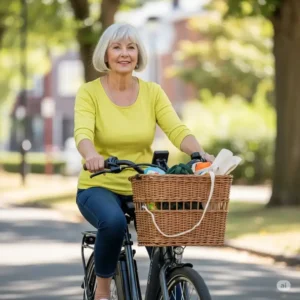 Senior woman on an ebike with a front basket, ideal for errands or carrying personal items.