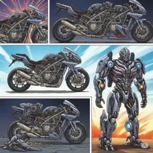 Dynamic illustration depicting the multi-stage transformation sequence of a transformer bike, from vehicle to robot, emphasizing its complex mechanics.