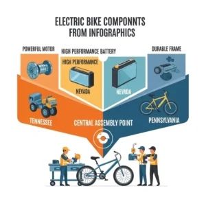 Diagram showing locally sourced components for electric bikes made in the USA.