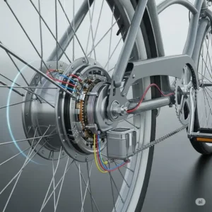 Close-up illustration of the hub motor on a wired cruiser ebike wheel, demonstrating its compact and efficient power delivery.
