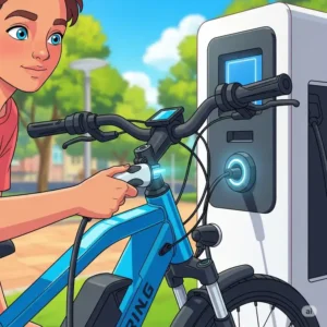 A close-up illustration of a young person easily plugging in their electric bike to charge, demonstrating the simple maintenance and eco-friendliness of young electric bikes.