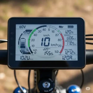 Digital dashboard display of a 60v ebike, showing speed, battery level, and other ride metrics.