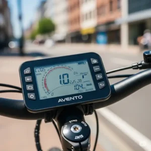 The intuitive display panel of an Avento ebike, showing speed, battery life, and other key ride metrics.