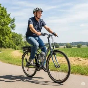 A bicycle equipped with an economical engine kit being ridden smoothly on a scenic path, demonstrating its practical use.