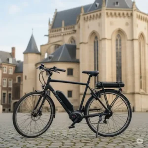 An ebike elegantly parked in front of a historic city landmark, suggesting the ease of exploring urban areas and taking a casual ebike cruise.