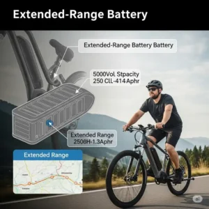 Diagram showing an extended-range battery on an ebike, indicating its capacity for longer rides, perfect for big guys who want to explore further.