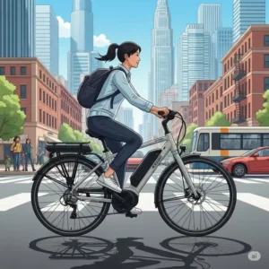 Illustration of a commuter riding an electric-assist bicycle through an urban landscape, emphasizing the convenience and efficiency of electric assist for daily travel.