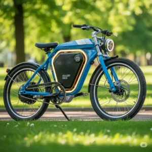 An electric motorcycle that looks like a bicycle, highlighting its battery pack and modern, eco-friendly design.