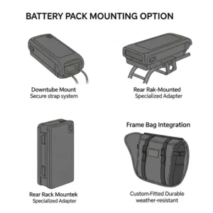  Illustration showcasing different battery pack mounting options for an electric conversion kit, such as downtube, rear rack, or frame bag placements.