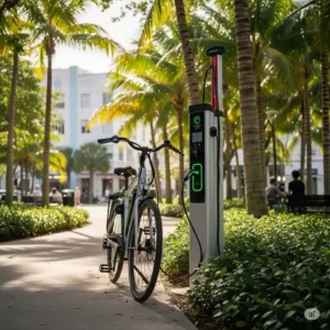 An electric bicycle conveniently plugged into a public charging station in a sunny Miami park, illustrating the ease of recharging e-bikes in urban settings.