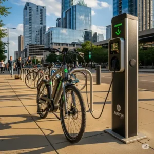  "A family riding ebikes Austin together in an Austin park, illustrating the fun and accessibility of ebikes Austin for all ages in the Austin community."