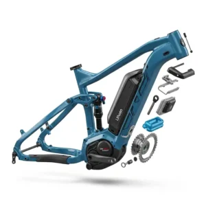 An exploded view of an ebike frame demonstrating the seamless integration of the battery within the downtube, emphasizing a clean design and balanced weight distribution.