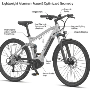 Diagram illustrating the lightweight aluminum frame and optimized geometry of the Radmission bike for efficient and comfortable riding.