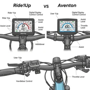 Detailed illustration of the digital display and handlebar controls on a Ride1Up vs Aventon ebike, showing user interface and features.