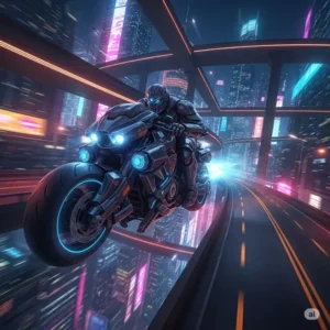 A transformer bike speeding through a futuristic cityscape at night, lights illuminating its path, demonstrating its agility and speed in an urban environment.