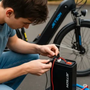 "Someone inspecting the wiring of a Jetson ebike battery, demonstrating troubleshooting steps when there's no charger available."