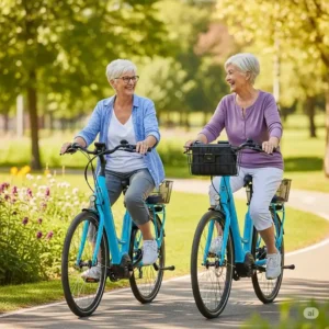 Two smiling senior women enjoying a leisurely ride together on their electric bikes.