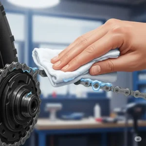 An illustration depicting the crucial step of wiping off excess lubricant from an e-bike chain after application to prevent dirt buildup when you lube ebike chain.