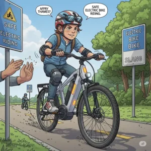 An illustration depicting a young rider wearing a helmet and safety gear while riding an electric bike, promoting safe practices for young electric bikes.