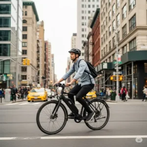 Rider effortlessly commuting on a Z8 ebike through a bustling urban street, demonstrating its city-friendly features.