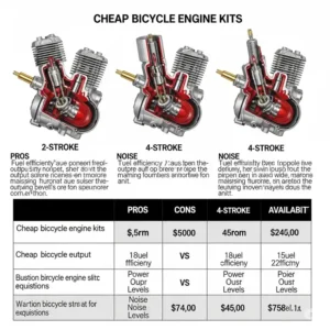 Visual comparison of different types of cheap bicycle engine kits, showcasing distinctions between 2-stroke and 4-stroke models.