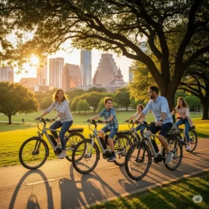 "An ebike rider delivering a package in downtown Austin, showcasing the use of ebikes Austin for efficient and eco-friendly delivery services."
