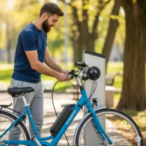 Person plugging in an electric bike to charge, demonstrating the ease of recharging an e-bike.