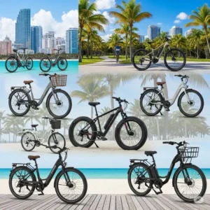 A collection of diverse electric bicycle models, including city cruisers, mountain e-bikes, and fat tire bikes, all well-suited for various terrains and uses in Miami.