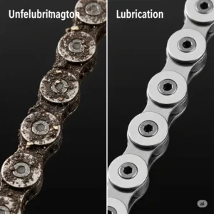 A side-by-side illustration showcasing the noticeable difference between a dirty, unlubricated e-bike chain and a clean, freshly lubricated one after you lube ebike chain.
