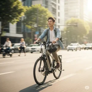 A commuter casually ebike cruising to work with a relaxed demeanor, highlighting the comfortable and efficient nature of an ebike for daily travel.