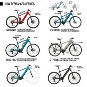 An illustration depicting various ebike frame geometries, such as mountain ebike frames, road ebike frames, and city ebike frames, highlighting how design influences riding posture and performance.
