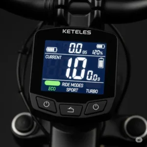 Close-up of the intuitive LED display on a Keteles ebike, showing speed, battery life, and ride mode.