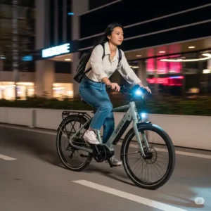 Highlighting the integrated lights and responsive braking system of a Momentum eBike, ensuring rider safety during urban adventures.