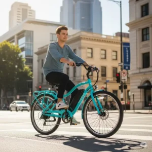 A Pedego electric bike effortlessly navigating an urban street, reflecting its suitability for city commuting based on pedego electric bikes reviews.