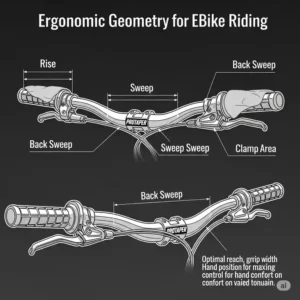 Diagram illustrating the ergonomic geometry and sweep of Protaper ebike handlebars optimized for ebike riding.