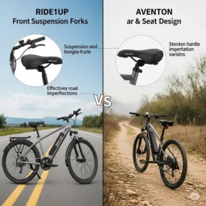 Illustration highlighting the front suspension forks and seat designs of Ride1Up vs Aventon ebikes, emphasizing ride comfort on various terrains.