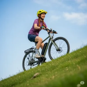 A happy cyclist effortlessly riding an electric-converted bicycle up a steep hill, demonstrating the power and convenience of an electric conversion kit.