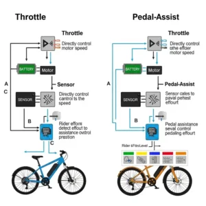 "Informative diagram comparing the functionality of a throttle ebike with pedal assist systems."