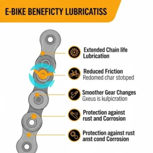 An infographic illustrating the key benefits of regularly lubricating an e-bike chain, such as extended chain life and smoother gear changes, when you lube ebike chain.